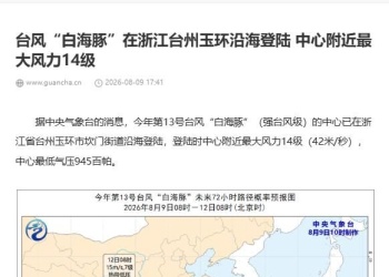 今年第13号台风“白海豚”（强台风级）的中心已在浙江省台州玉环市坎门街道沿海登陆