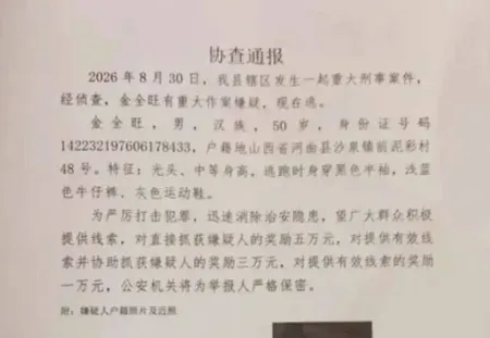 山西一地发生重大刑案，警方悬赏5万元捉拿光头男
New